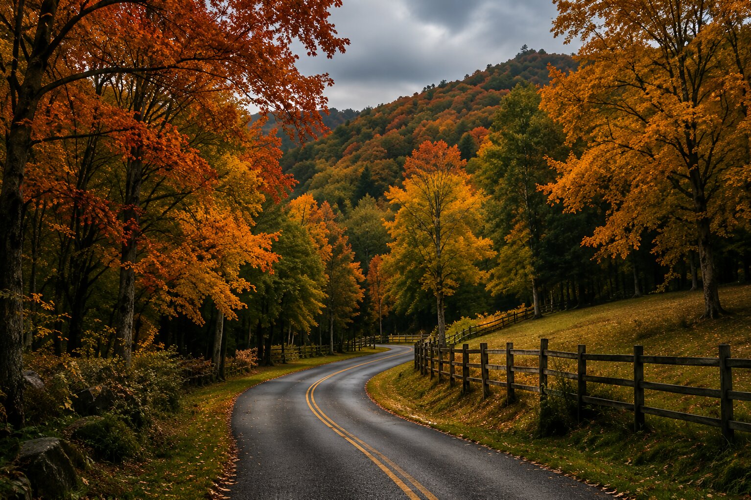 Country lane beneath brilliant autumn foliage