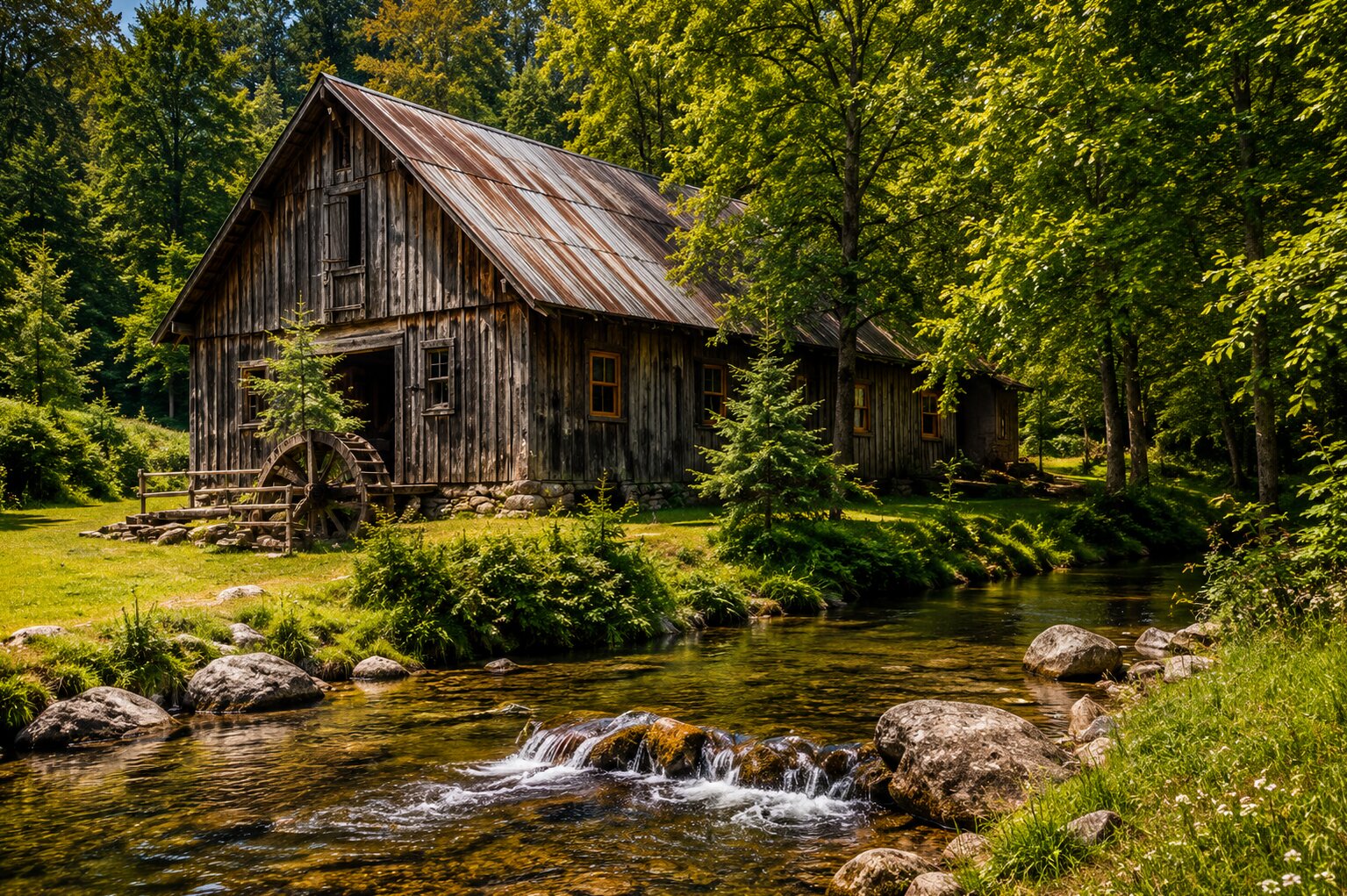 Rustic timber mill beside a clear mountain creek