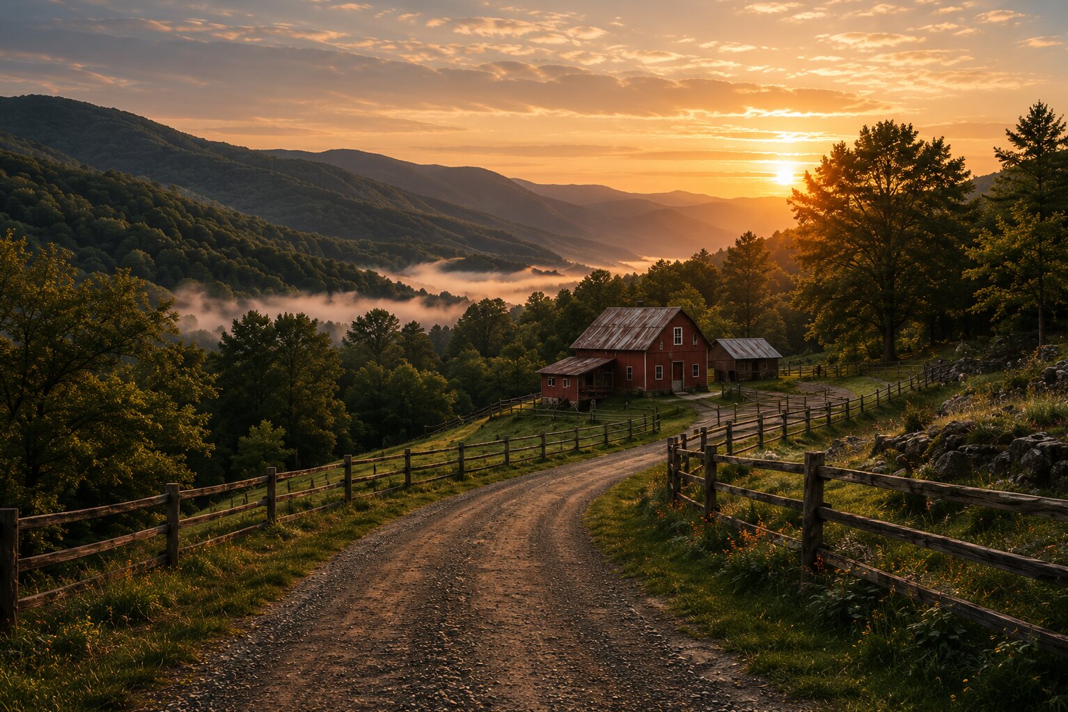 Dirt road winding past a red barn at mountain sunset