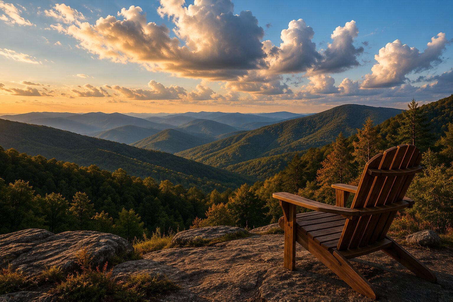 Adirondack chair overlooking layered Blue Ridge mountains